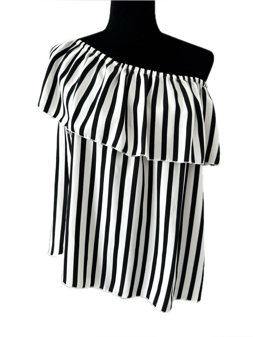Catherine Malandrino Black White Stripe Off Shoulder Ruffle Blouse Size Small